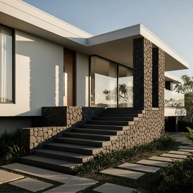 Model Rumah Minimalis dengan Tangga Depan Batu Alam (Image by Gemini AI)