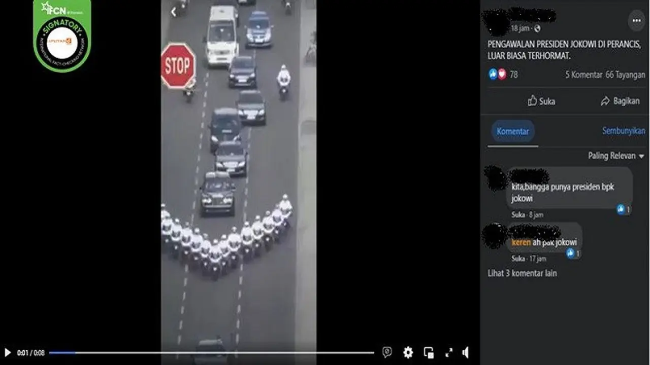Gambar Tangkapan Layar Video yang Diklaim Pengawalan Presiden Jokowi Saat Berkunjung ke Prancis (sumber: Facebook).