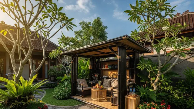 Inspirasi Gazebo Bambu Modern di Halaman Rumah Kampung