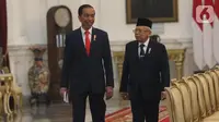 Presiden Joko Widodo dan Wapres Ma'ruf Amin bersiap memperkenalkan Wakil Menteri Kabinet Indonesia Maju di Istana Merdeka, Jakarta, Jumat (25/10/2019). 12 Wakil Menteri datang dari berbagai macam latar belakang dengan harapan dapat membantu kerja para menteri. (Liputan6.com/Angga Yuniar)