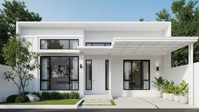 rumah atap datar kombinasi kanopi alderon putih (Gemini AI)