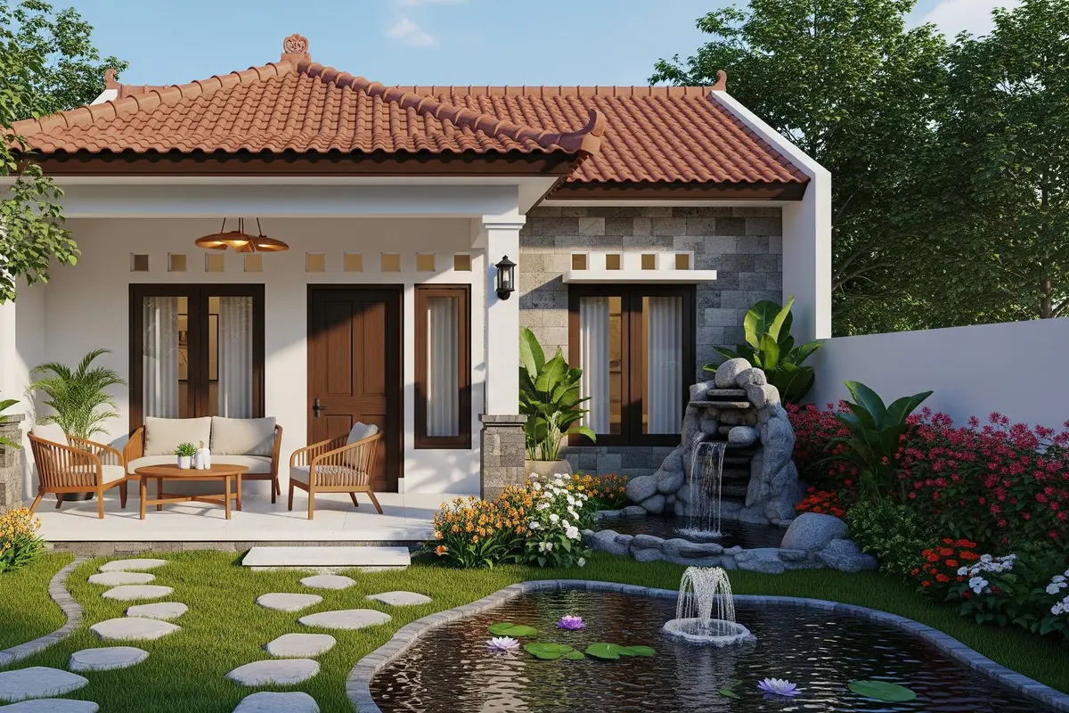 Rumah 6x9 dengan Teras Menghadap Kolam dan Kebun Mini yang Cocok untuk 3-4 Anggota Keluarga