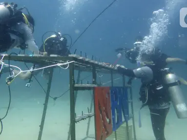 Penyelam BNI HiMovers Dive Community menanam bibit terumbu karang di Perairan Pantai Pulisan, Minahasa Utara, Sulawesi Utara, Rabu (23/06/2021). BNI menanam 1.946 bibit terumbu karang sebagai bagian dari ungkapan suka cita dalam rangkaian perayaan HUT ke - 75. (Liputan6.com/HO/BNI)