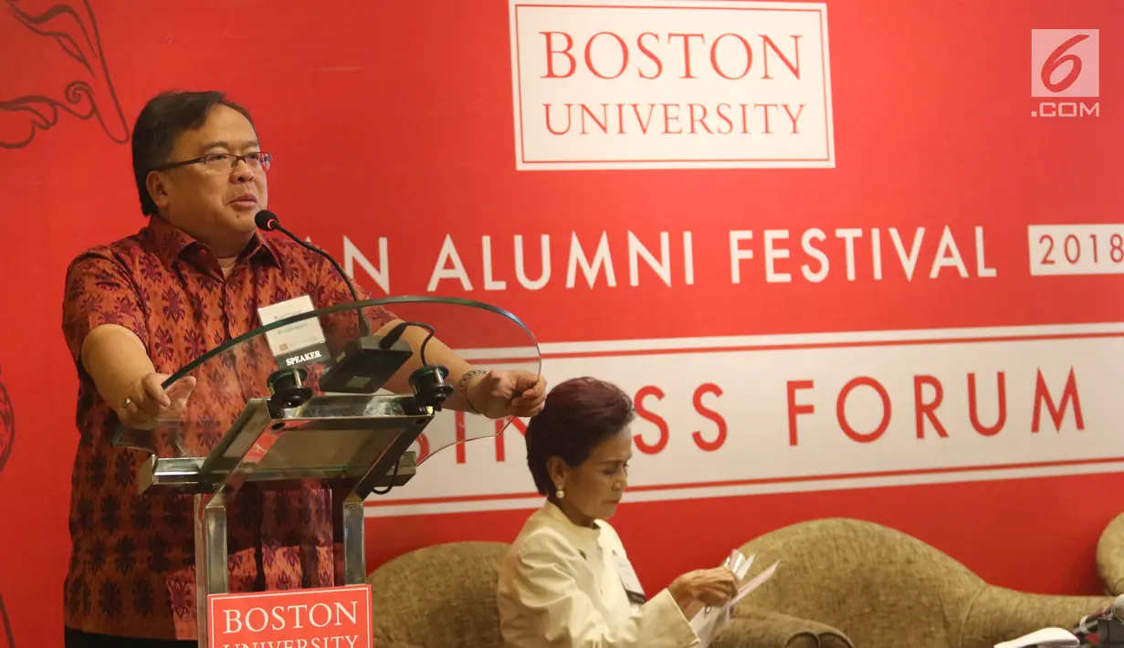 Kepala Bappenas Bambang Brodjonegoro saat menjadi pembicara dalam Boston University Asian Alumni Festival 2018, Jakarta, Sabtu (3/11). Pertemuan alumni yang ke 12 bertujuan mengumpulkan para alumni Boston University se-Asia. (Liputan6.com/Angga Yuniar)