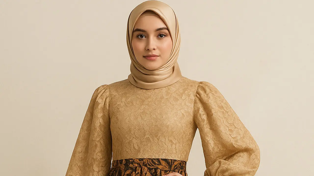 Model Dress Batik Panjang Muslim Kombinasi Polos dan Brokat