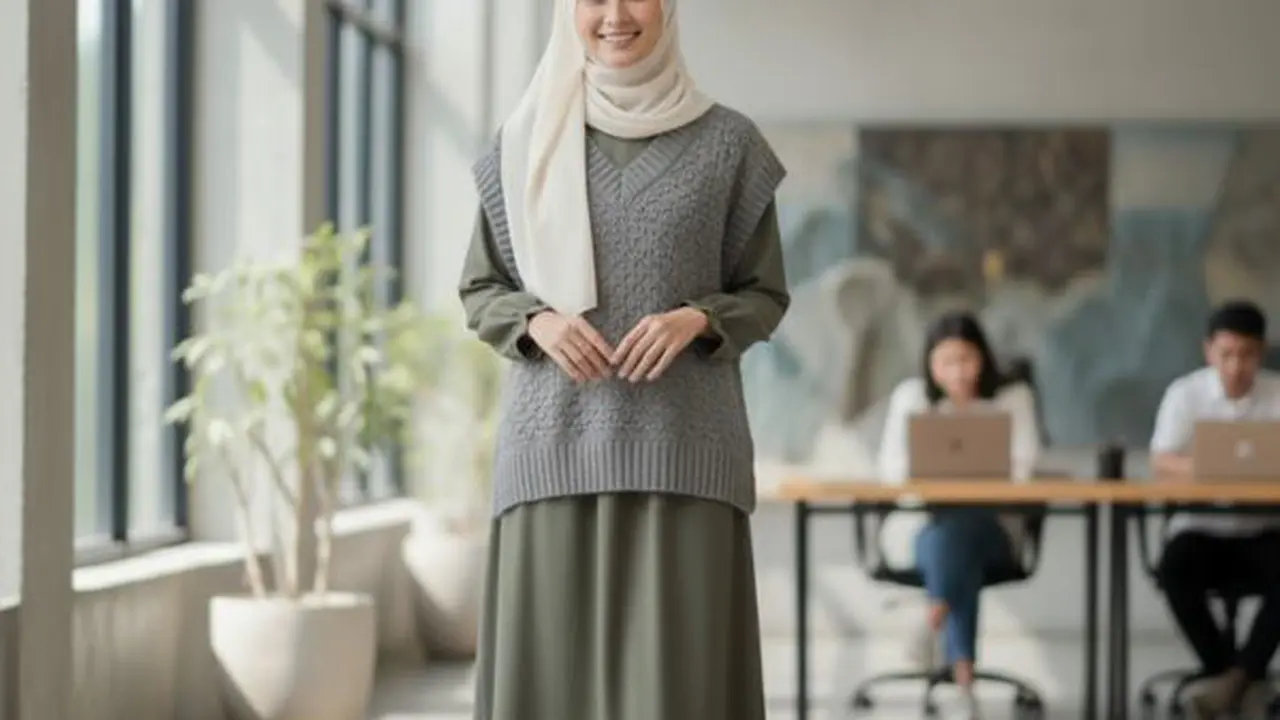Ilustrasi Gamis Kombinasi Rompi/Gemini AI
