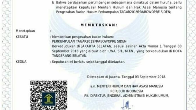 Surat keputusan Menkumham tentang pengesahan pendirian badan hukum pekumpulan tagar201prabowopre siden