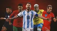 Ilustrasi - Lionel Messi, Harry Kane, Kylian Mbappe, Neymar, Cristiano Ronaldo Piala Dunia 2022&nbsp;(Bola.com/Bayu Kurniawan Santoso)