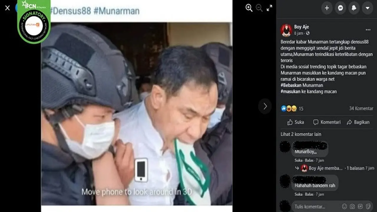 Gambar Tangkapan Layar Foto yang Diklaim Munarman Menggigit Sandal Saat Ditangkap Densus 88 Polri (sumber: Facebook)
