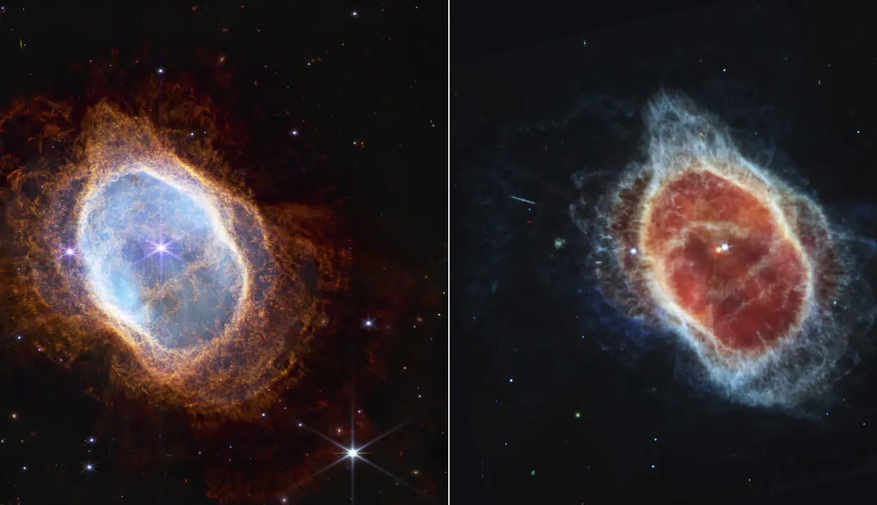 Kombinasi gambar yang dirilis oleh NASA pada 12 Juli 2022, menunjukkan perbandingan pengamatan Nebula Cincin Selatan secara berdampingan dalam cahaya inframerah-dekat (kiri), dan cahaya inframerah-tengah (kanan) dari Teleskop Webb. (NASA, ESA, CSA, and STScI via AP)