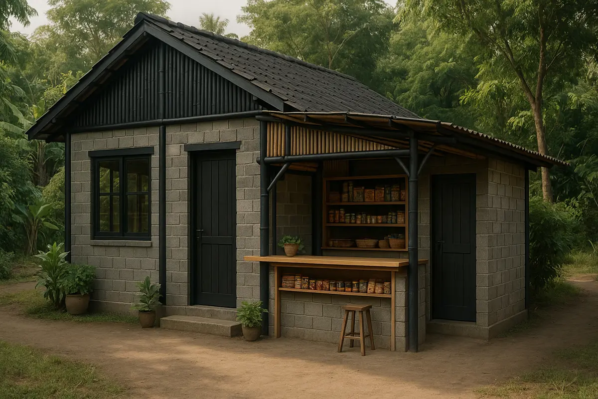 Model Rumah Sederhana dari Bambu dan Batako dengan Warung di Teras