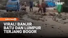 Hujan deras yang mengguyur Kecamatan Tamansari, Kabupaten Bogor, Jawa Barat, pada Selasa sore memicu banjir disertai material batu di Kampung Calobak, Desa Tamansari.