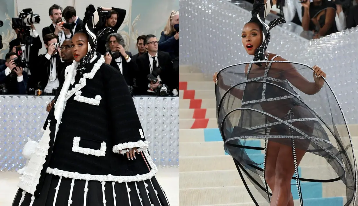 Janelle Monae tampil berani dengan transformasi coat dress jadi dress kurung transparan dan bikini. [@janellamonae]