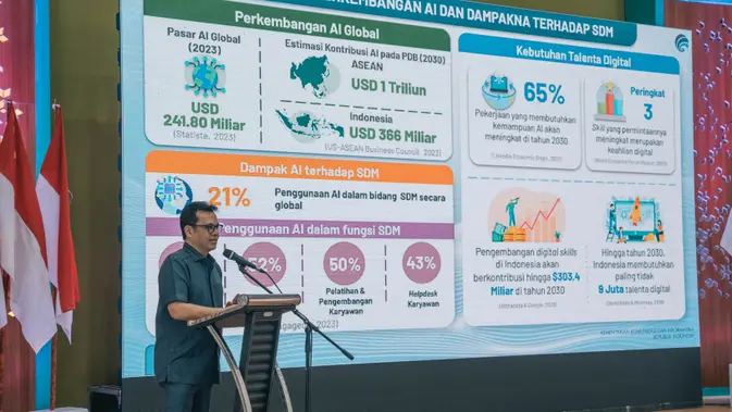 <p>Wakil Menkominfo, Nezar Patria, saat menyampaikan perkembangan teknologi AI. (Doc: Microsoft)</p>