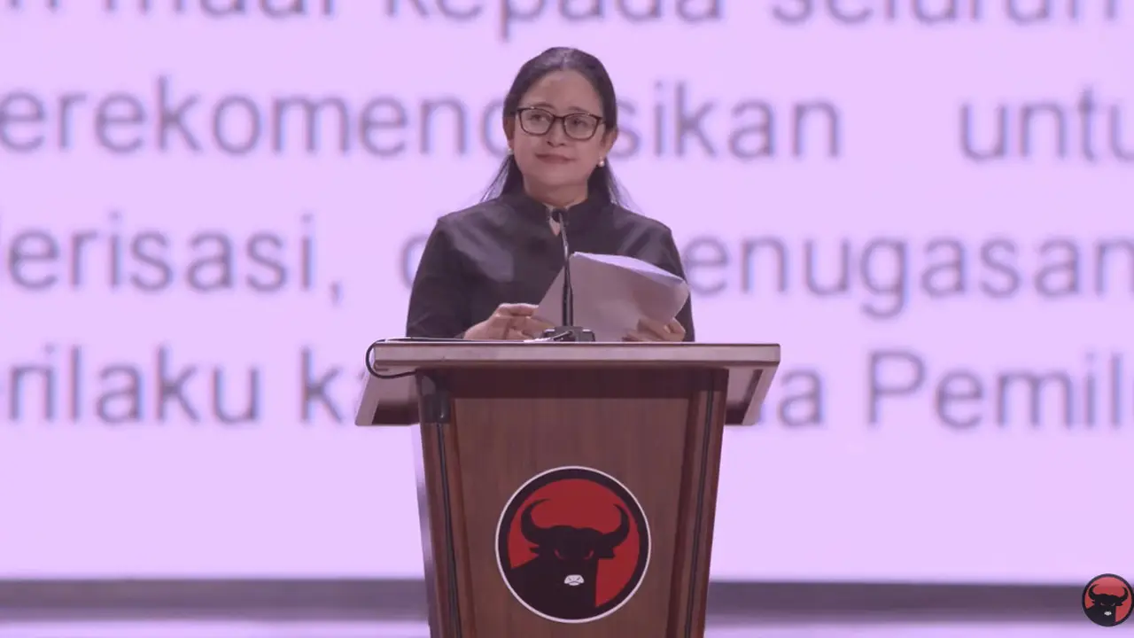 Ketua DPP PDI Perjuangan Puan Maharani di Rakernas V PDIP, Minggu (26/5/2024).