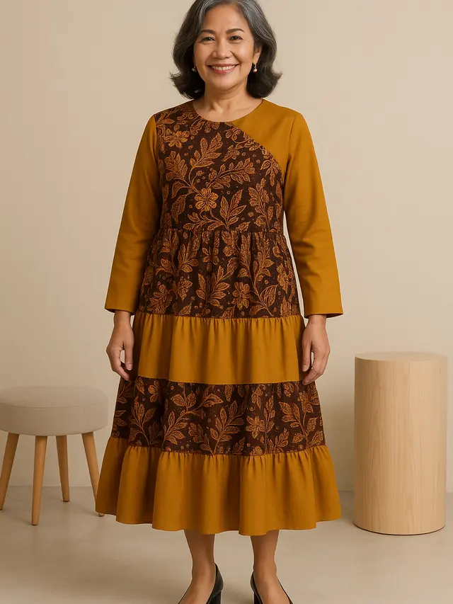 Model Dress Batik Kombinasi Polos Lengan Panjang untuk Ibu-ibu 50 Tahun/Ilustrasi gambar oleh AI