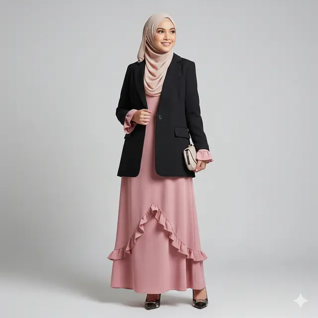 Inspirasi Long Dress Muslim Polos Kombinasi Blazer Formal.