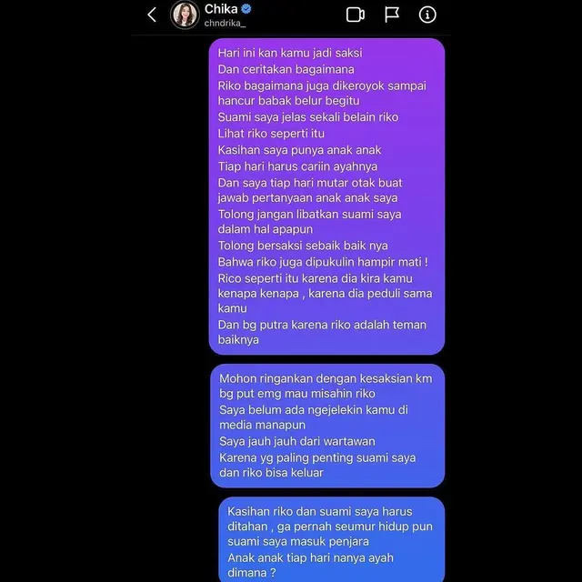 Istri Putra Siregar Bongkar Isi Chat dari Chandrika Chika, Sampaikan Permohonan Maaf