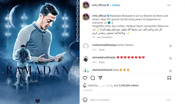 Unggahan Mesut Ozil menyambut Ramadhan 2023. (Instagram/ m10_official)
