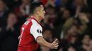 Striker Arsenal, Alexis Sanchez, merayakan gol yang dicetaknya ke gawang FC Cologne pada laga Liga Europa di Stadion Emirates, London, Rabu (14/9/2017). Arsenal menang 3-1 atas Cologne. (AFP/Kirsty Wigglesworth)