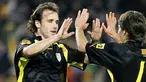 Catalunya's Joan Verdu (L) is congratuled by his teamate Bojan Krkic (R) after scoring against National Colombian team during a friendly football match on December 28, 2008 at Camp Nou stadium in Barcelona. AFP PHOTO/ JOSEP LAGO 