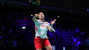 Aksi tunggal putri Indonesia, Putri Kusuma Wardani, pada pertandingan melawan Australia pada Piala Uber 2026 di Forum Horsens, Denmark, Senin (27/4/2026) dini hari WIB. (PBSI)