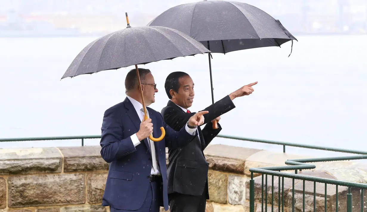 <p>Presiden Indonesia Joko Widodo atau Jokowi (kanan) menunjuk saat bersama Perdana Menteri Australia Anthony Albanese melihat Sydney Harbour dari Admiralty House di Sydney, Australia, Selasa (4/7/2023). Jokowi melakukan kunjungan tiga hari ke Australia. (Lisa Maree Williams/Pool Photo via AP)</p>