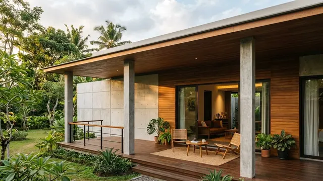 Gambar Fasad Rumah Minimalis dengan Kombinasi Kayu dan Beton