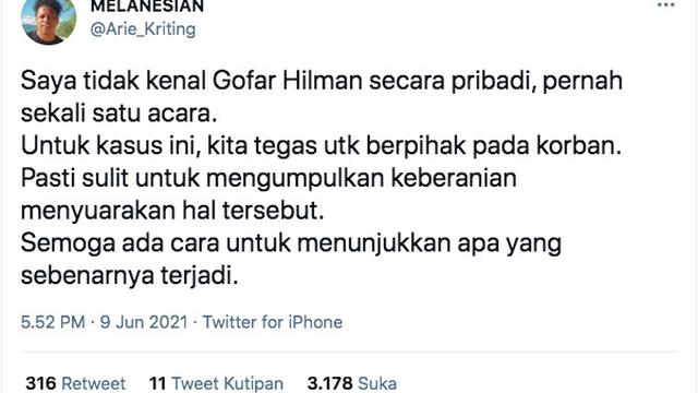 Arie Kriting Turut Komentari Kasus Dugaan Pelecehan Seksual yang Dilakukan Gofar Hilman