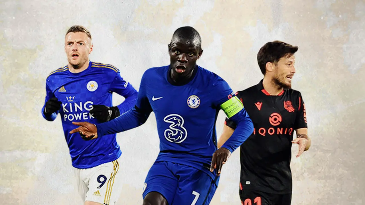 Ilustrasi - Jamie Vardy, N'Golo Kante, David Silva