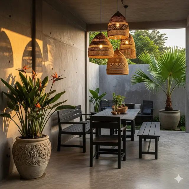 Teras Industrial Tropis dengan Pot Besar & Batu Alam