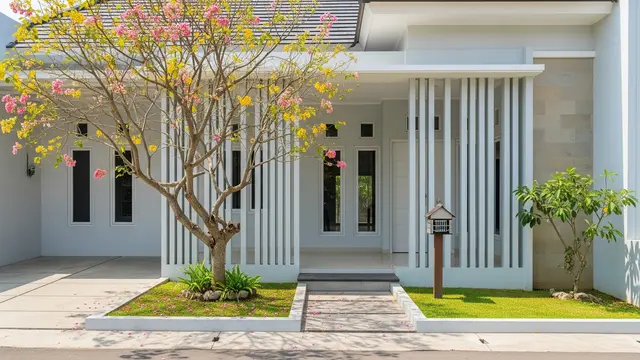 Desain Rumah Modern Terang dengan Teras Mini, Tabebuya dan Roster Estetik