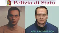 Foto kolase yang menunjukkan gambar yang dihasilkan komputer yang dirilis oleh Polisi Italia (kanan) dan gambar bos mafia nomor satu di Italia Matteo Messina Denaro. Polisi Italia mengatakan pada Senin, 16 Januari 2023, mereka menangkap bos mafia paling dicari di Italia dalam pelarian selama 30 tahun. (Italian Police, LaPresse via AP)