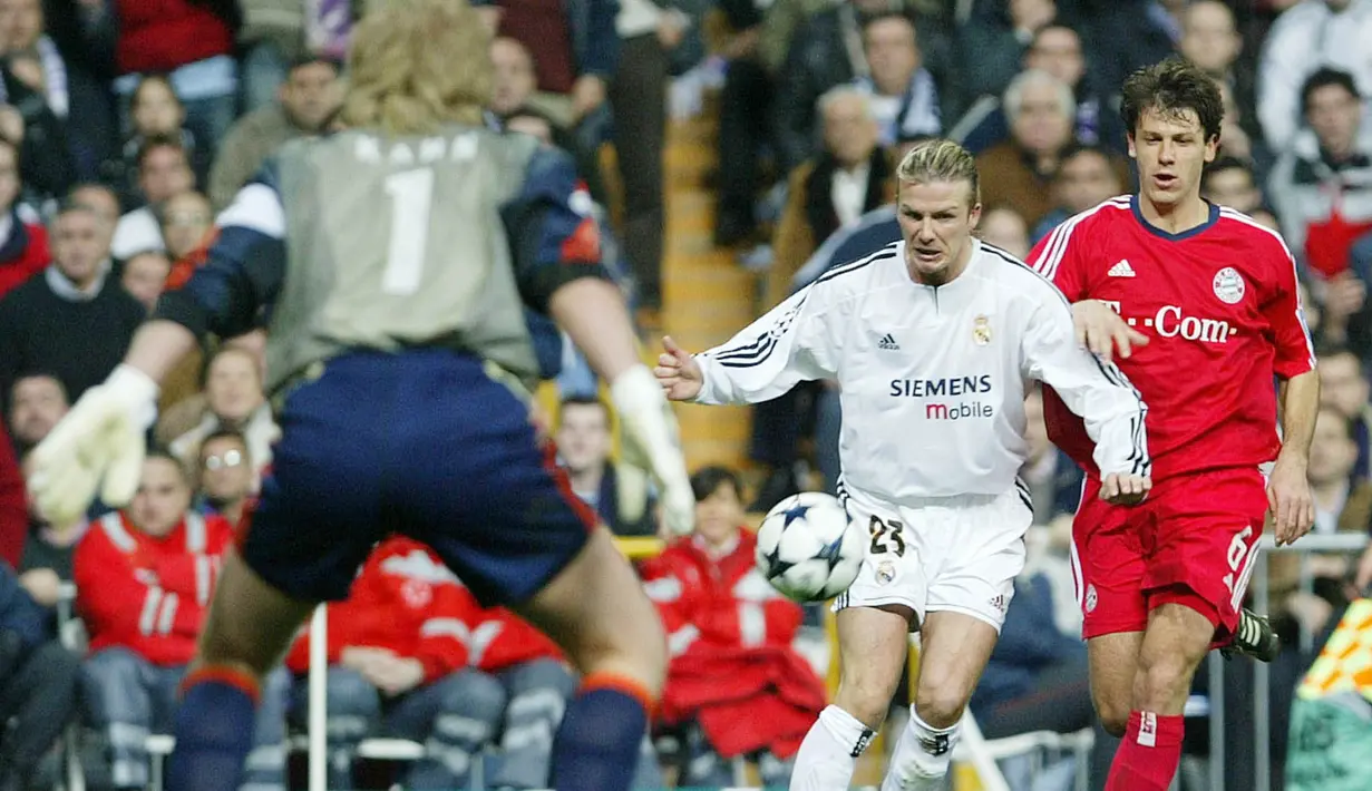 Empat musim (2003-2007) membela Madrid, Beckham tercatat tampil sebanyak 158 pertandingan dengan koleksi 20 gol dan 48 assist. (AFP/Christophe Simon)