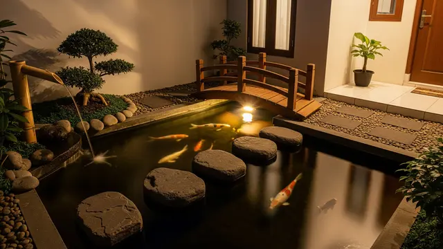 Kolam Sudut dengan Jembatan Mini dan Batu Pijakan