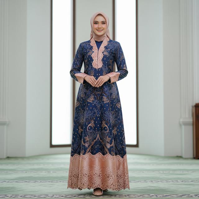 2. Gamis Batik Kontemporer dengan Aksen Brokat Rose Gold