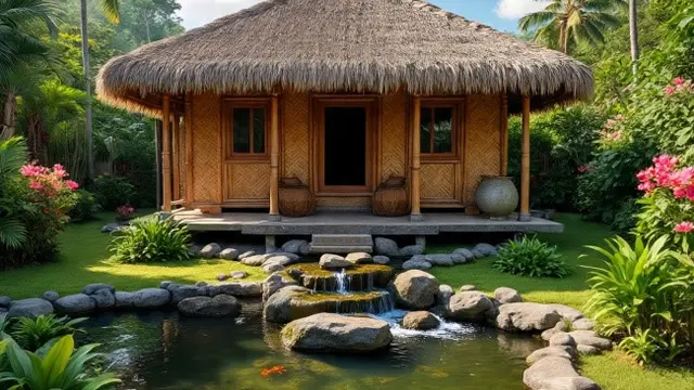Model Rumah Bambu Gaya Bali Dengan Kolam Ikan/Ilustrasi gambar AI