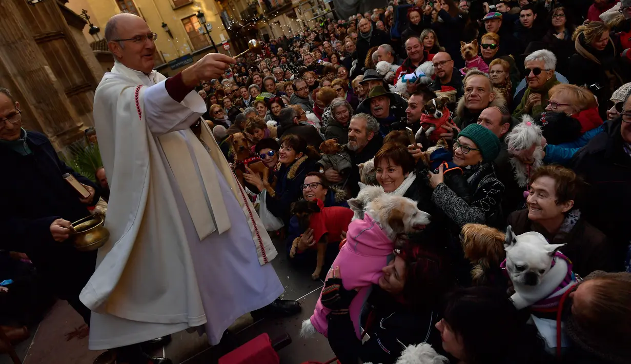 Imam besar, Santiago Fulero memberkati para hewan peliharaan pada peringatan Hari santo Antonius di gereja Saint Pablo, Spanyol, Rabu (17/1). Gereja merayakan secara besar-besaran sepanjang hari untuk menghormati Santo Antonius. (AP/Alvaro Barrientos)