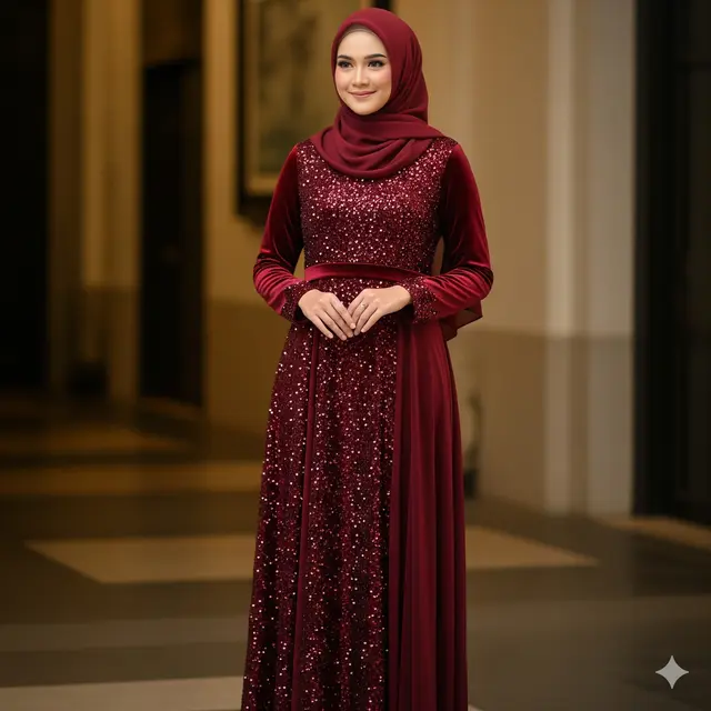 Dress Panjang Muslim Kombinasi Aksen Payet Elegan