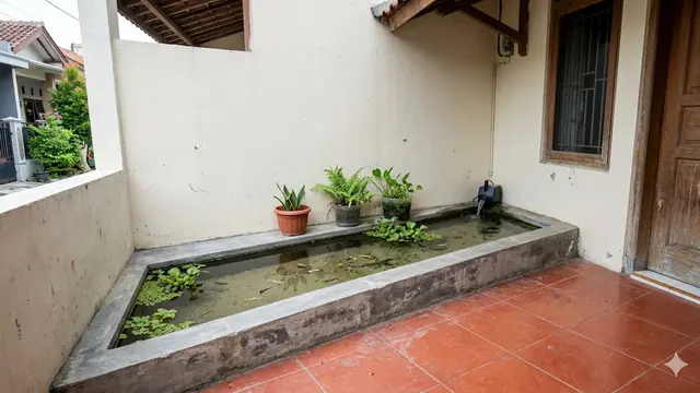 Desain Kolam Ikan Mini Nempel Tembok Rumah di Teras Sempit