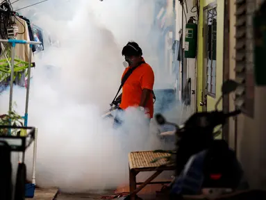 Seorang petugas melakukan pengasapan di sebuah universitas di Bangkok, Thailand, Selasa (13/9). Pengasapan atau fogging dilakukan sebagai upaya memerangi penyebaran virus Zika yang saat ini telah terjadi di Thailand. (REUTERS/Athit Perawongmetha)