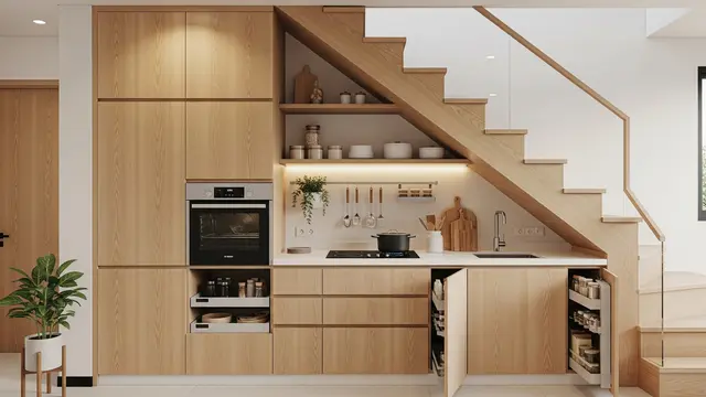 Dapur Bawah Tangga Fungsional dengan Penyimpanan Vertikal dan Built-in