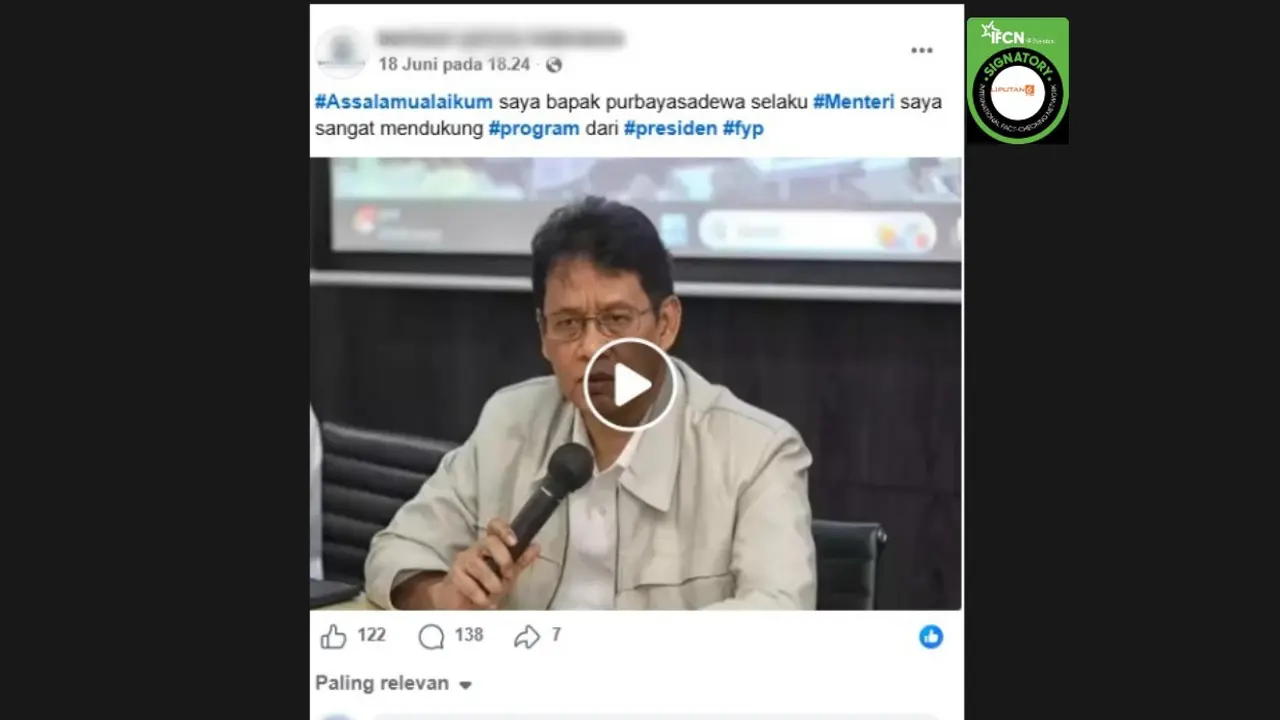 Cek Fakta Liputan6.com mendapati klaim video Menkeu Purbaya mengumumkan dana bantuan pensiunan.