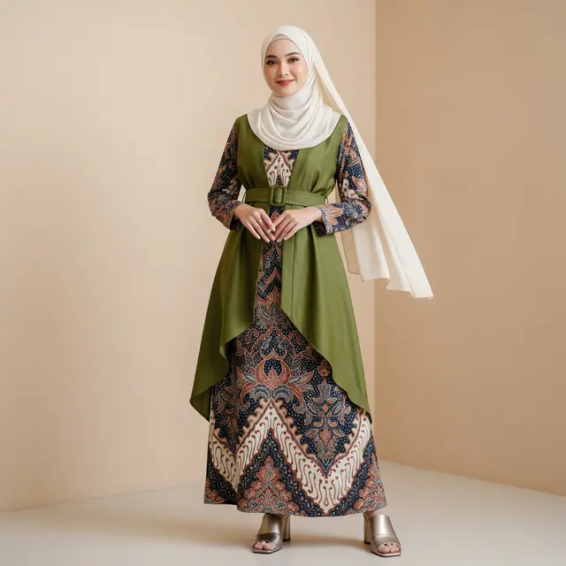 Tren Gamis Batik Hijab dengan Outer Rompi