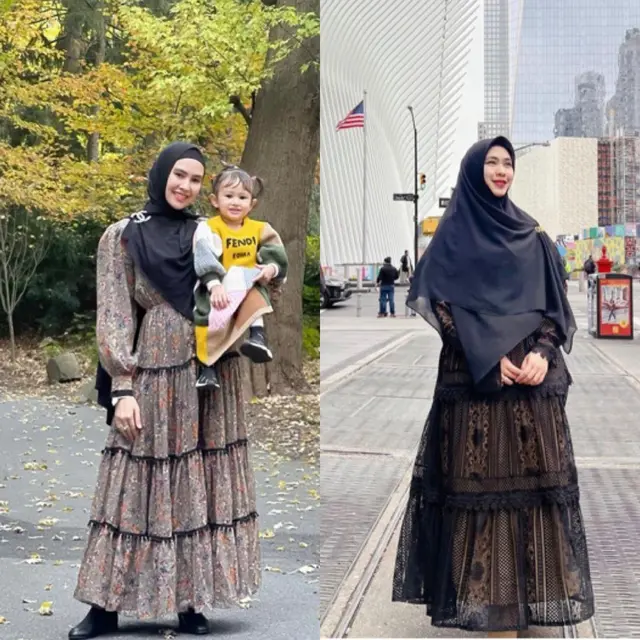Gaya pakaian Kartika Putri dan Oki Setiana Dewi saat di Amerika Serikat/dok. (@kartikaputriworld/@okisetianadewi)