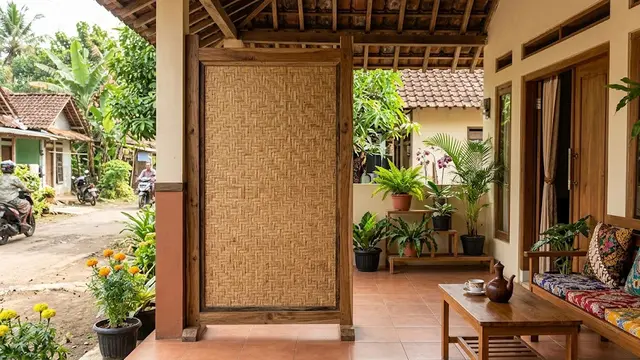 Inspirasi sekat teras dari material alami untuk rumah mungil model sekat anyaman bambu dengan rangka kayu