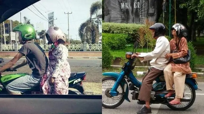 Kumpulan Potret Cara Nyeleneh Ibu-Ibu Memasang Helm Sepeda Motor
