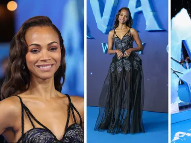 Foto kolase Zoe Saldana saat menghadiri pemutaran perdana  film 'Avatar: The Way of Water' di London, Selasa, 6 Desember 2022. (AP Photo)