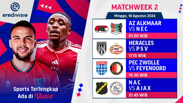 Jadwal Live Streaming Liga Belanda Eredivisie 2024/25 Week 2 di Vidio