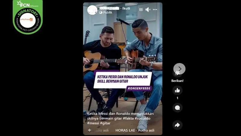 Gambar tangkapan layar video yang diklaim Lionel Messi dan Cristiano Ronaldo bermain gitar bersama. (sumber: Facebook)